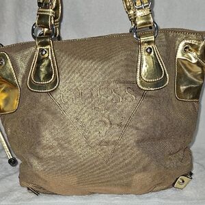 Guess Gold and Tan Tote Bag with Gold-Tone Hardware